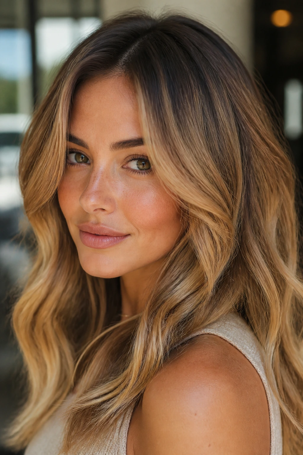 Close-up of honey-bronde hair with a root shadow framing the face.