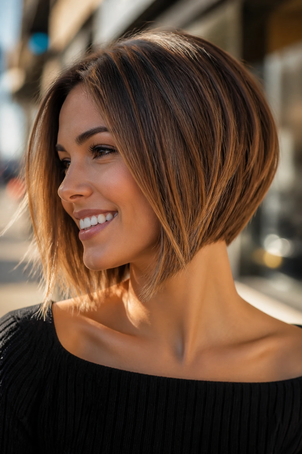 Real woman with honey brown A-line bob