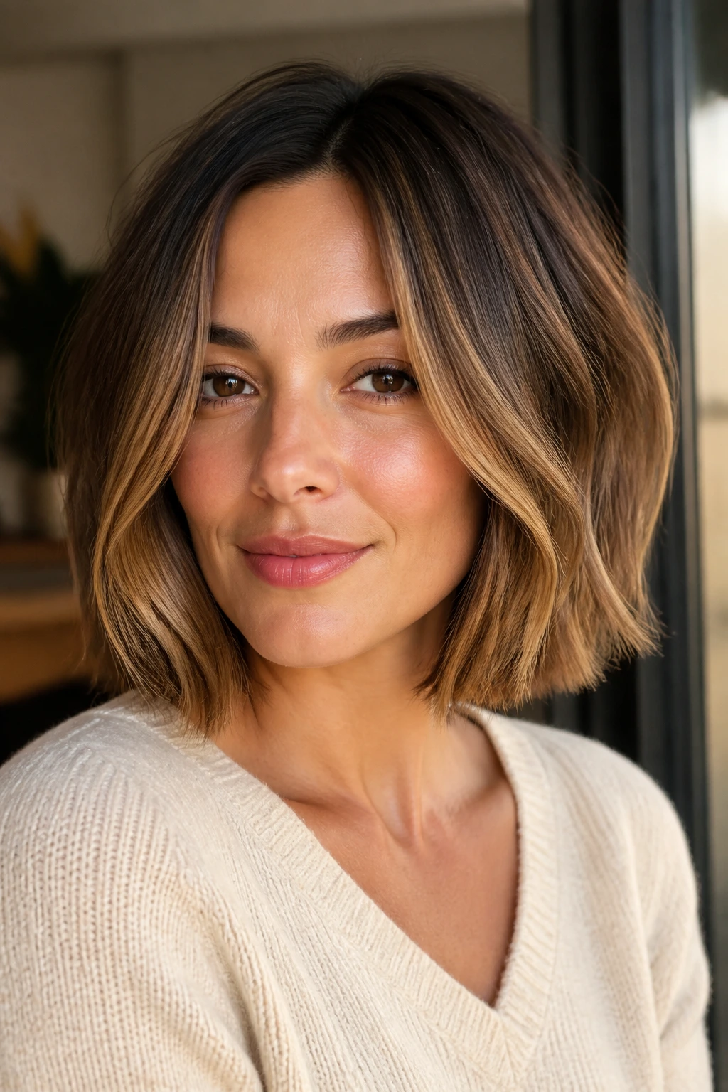 Close-up of a real person with a honey-brunette bob showing lighter face-framing pieces in warm window light