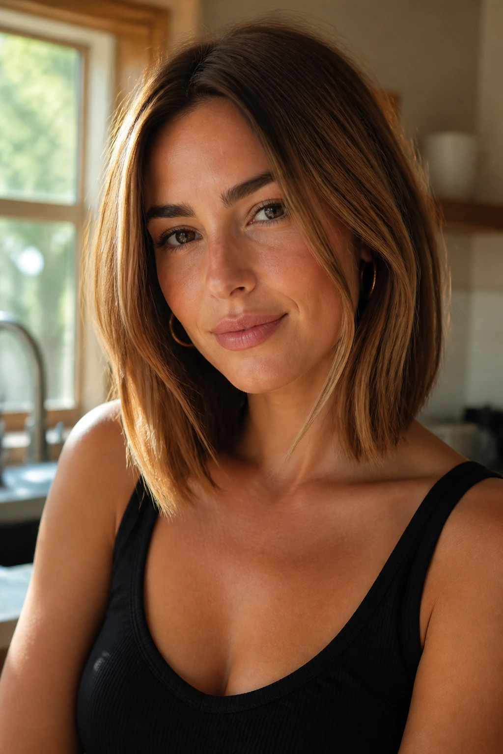 Real woman with honey brown collarbone bob catching light on front pieces