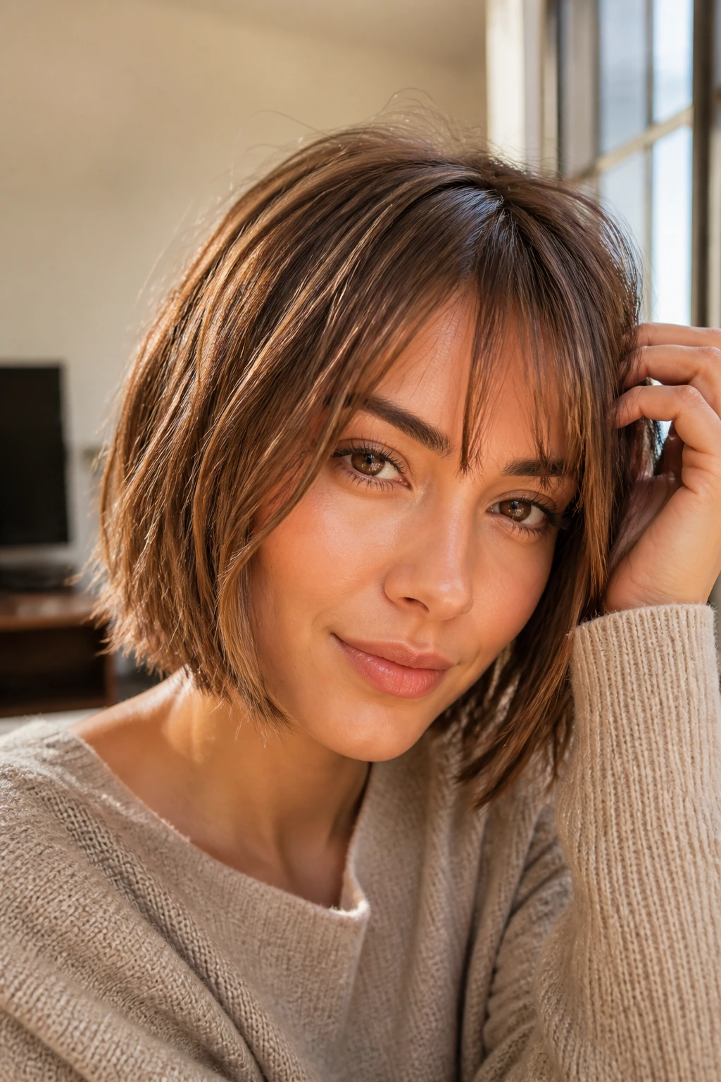 Close-up of a real woman with honey-brown bob and piecey fringe under soft natural light.