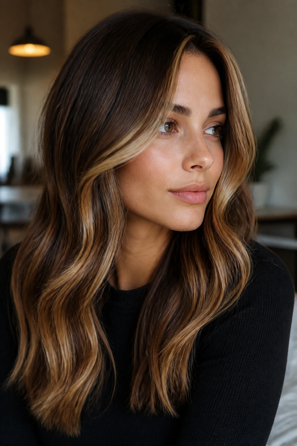 Portrait of a person with honey brunette balayage and face-framing pieces
