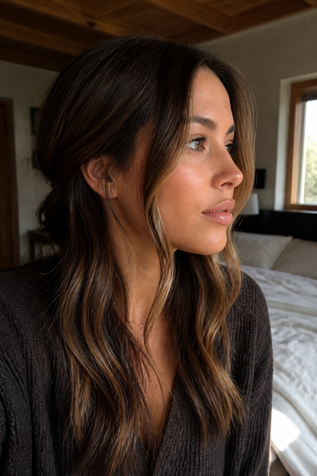 Close-up portrait of a real woman with honey-brunette face-framing pieces framing the cheeks in warm light