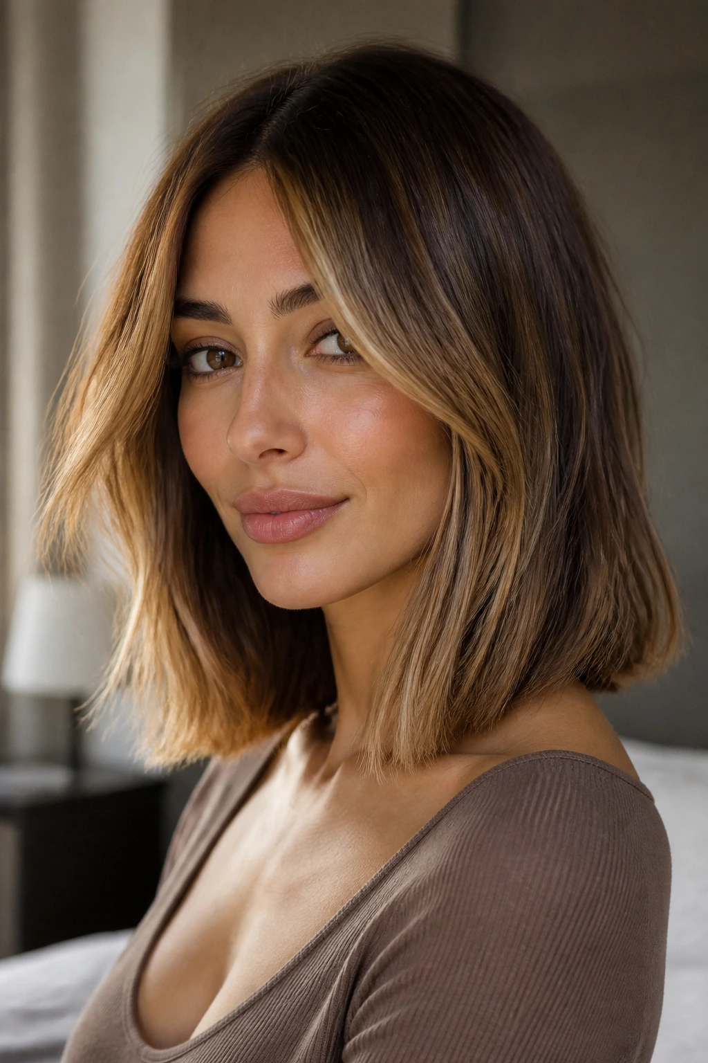 Close-up of a woman with honey-brunette lob and face-framing pieces