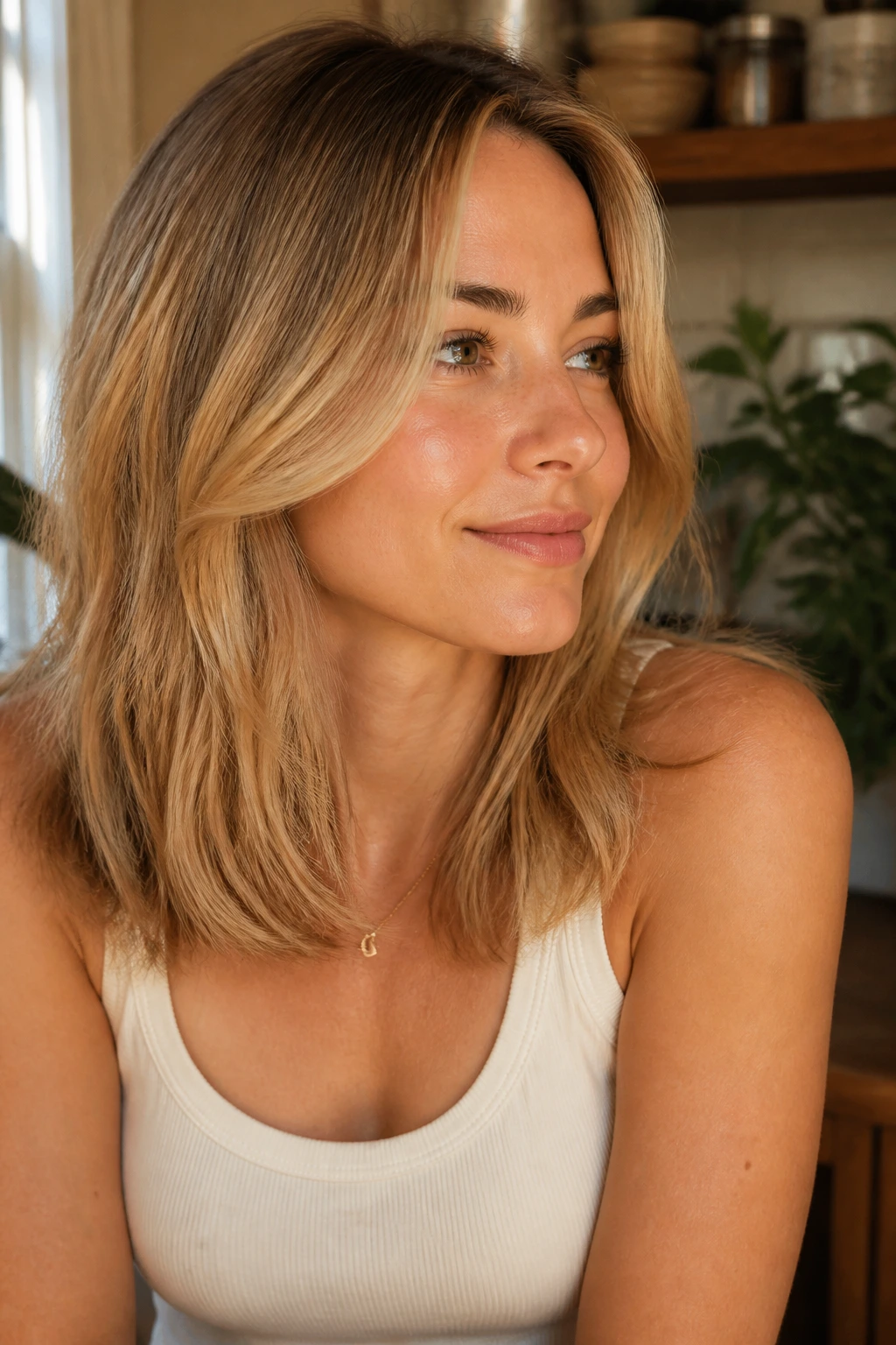 Portrait of a woman with honey butter blonde mid-length hair