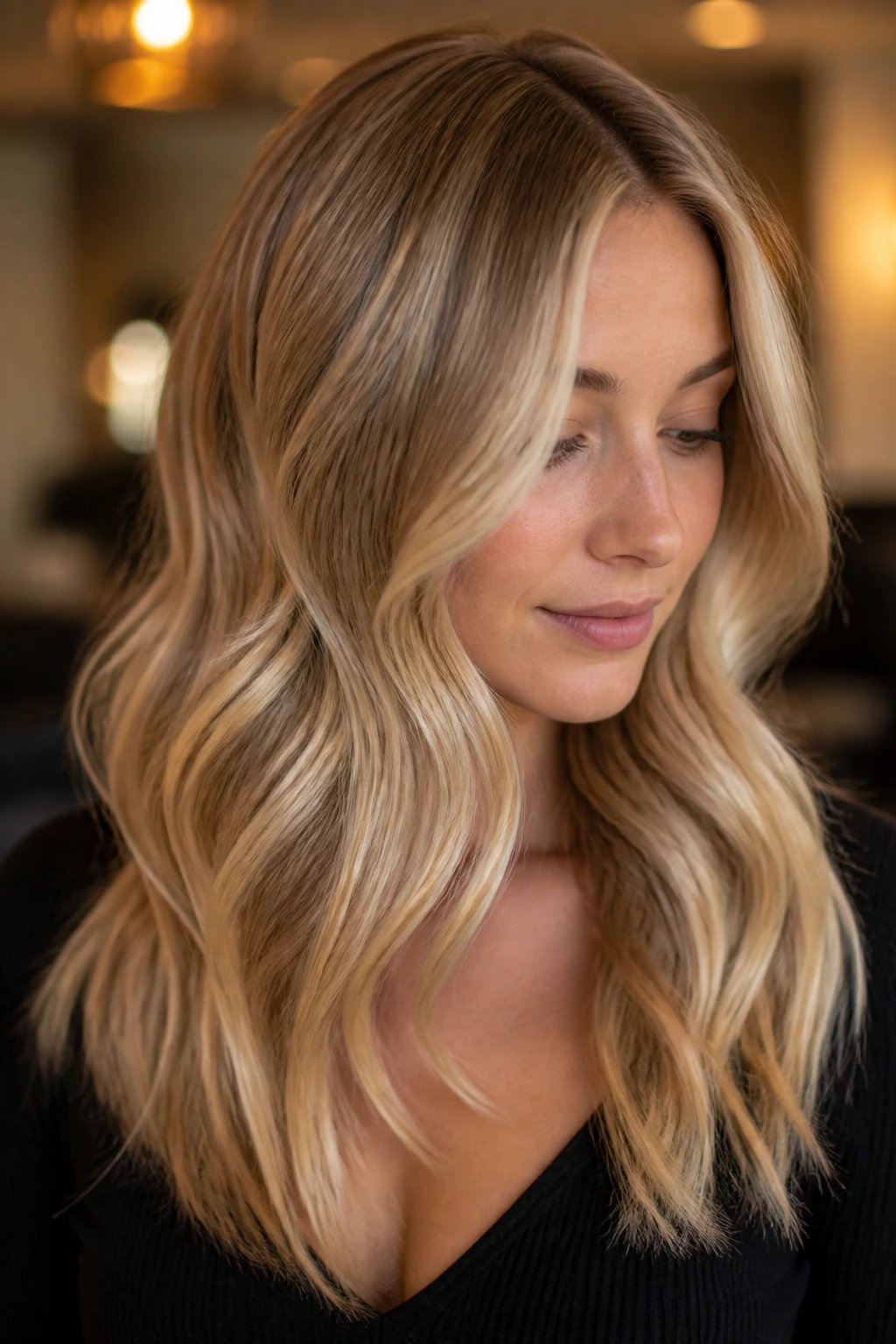 Portrait of woman with honey butter blonde hair and soft root shadow in warm light