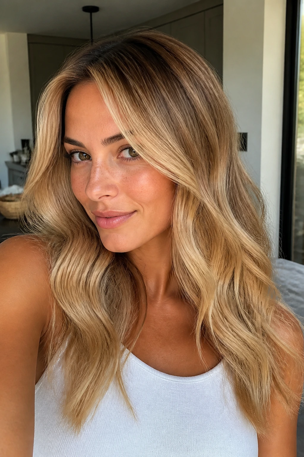 Close-up of honey butter blonde hair with a soft root shadow.