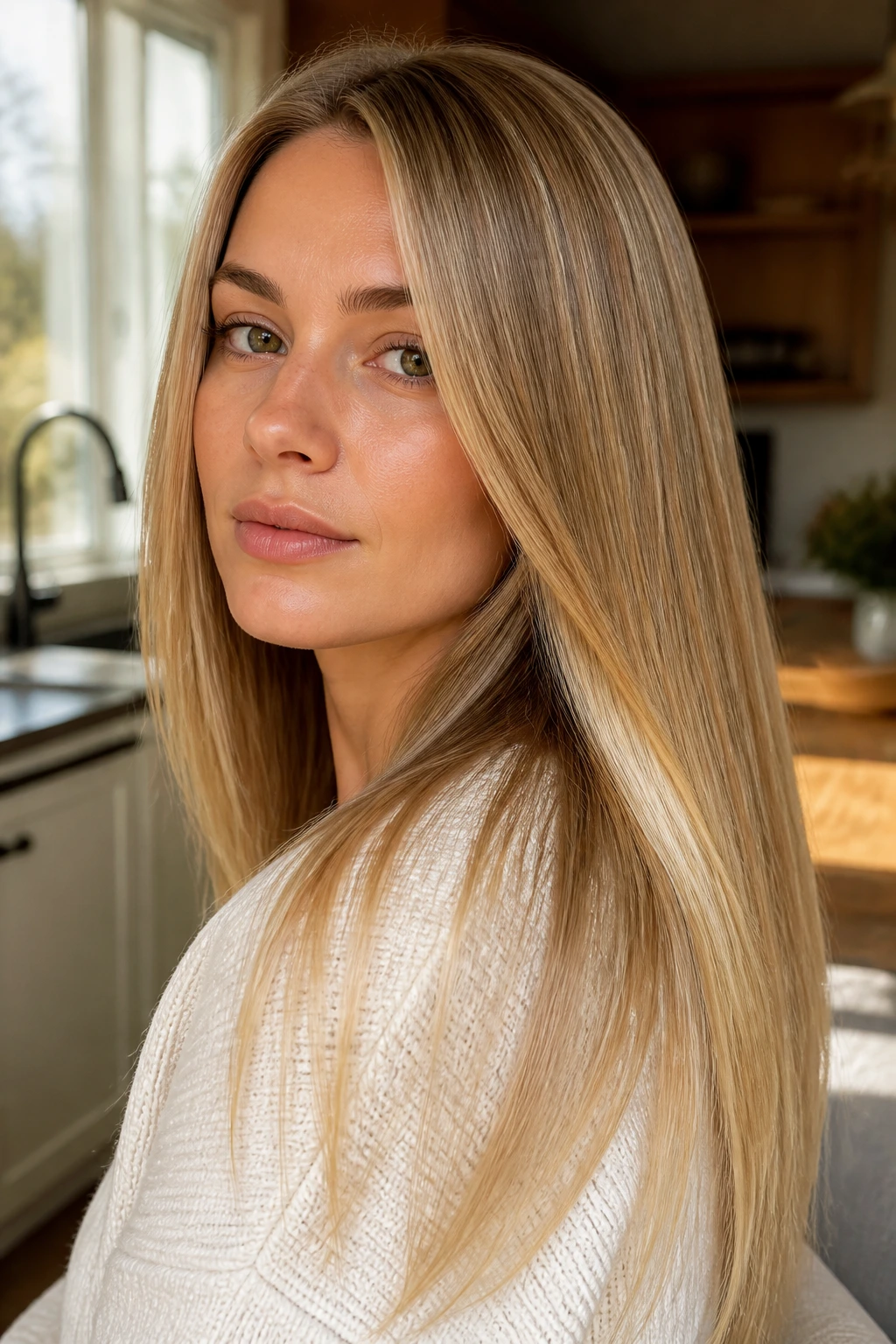 Real woman with honey butter blonde hair in a close-up portrait.