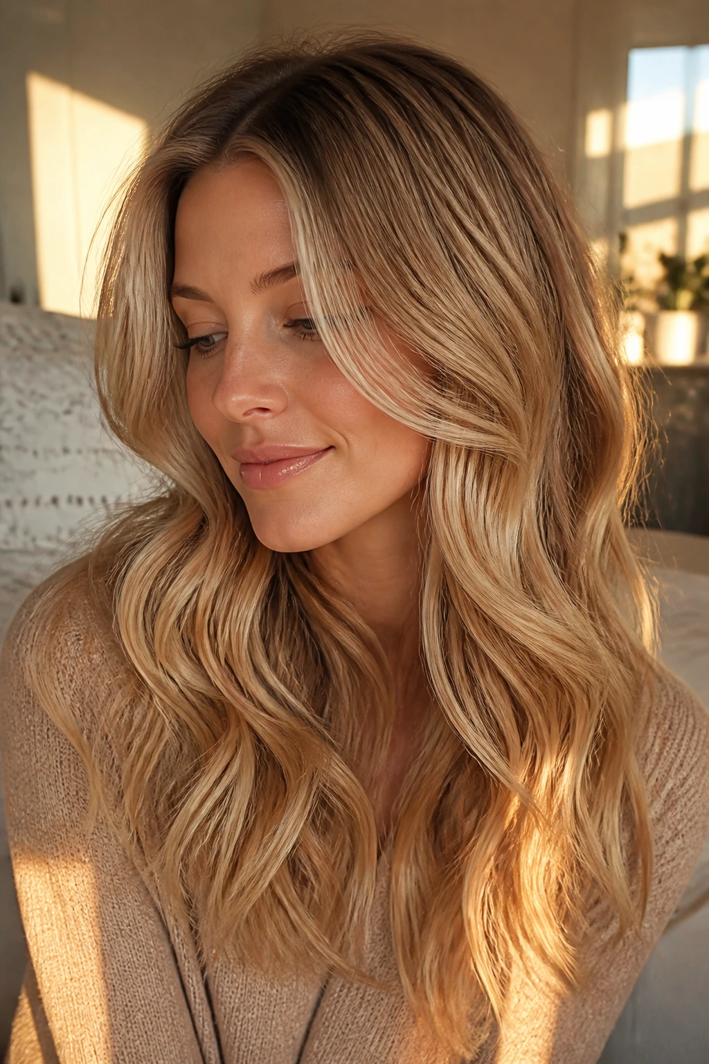 Close-up of honey butter melt on blonde hair with honey and butter tones in warm light