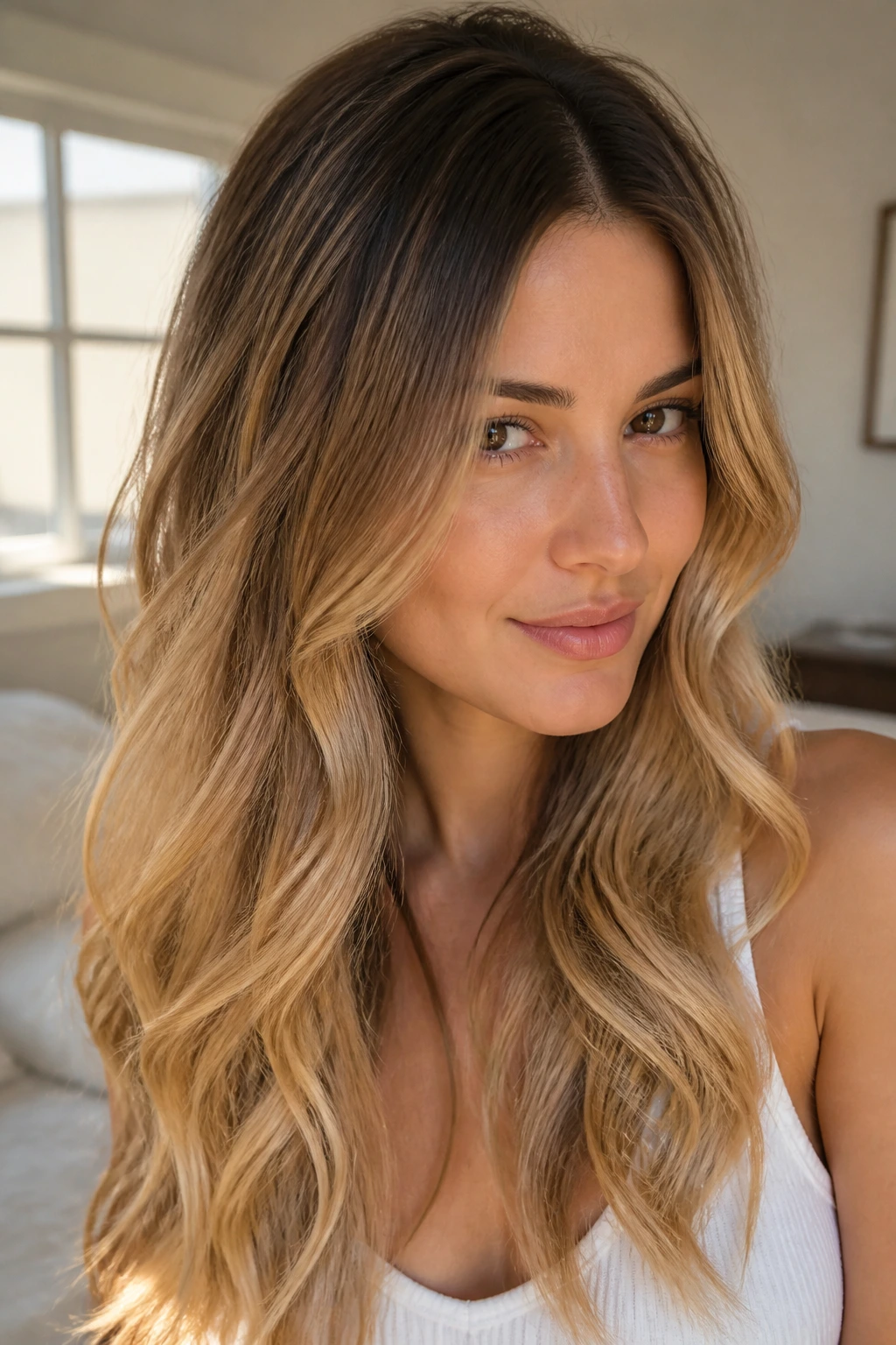 Honey butter shadow blonde close-up portrait with warm tones on a real person