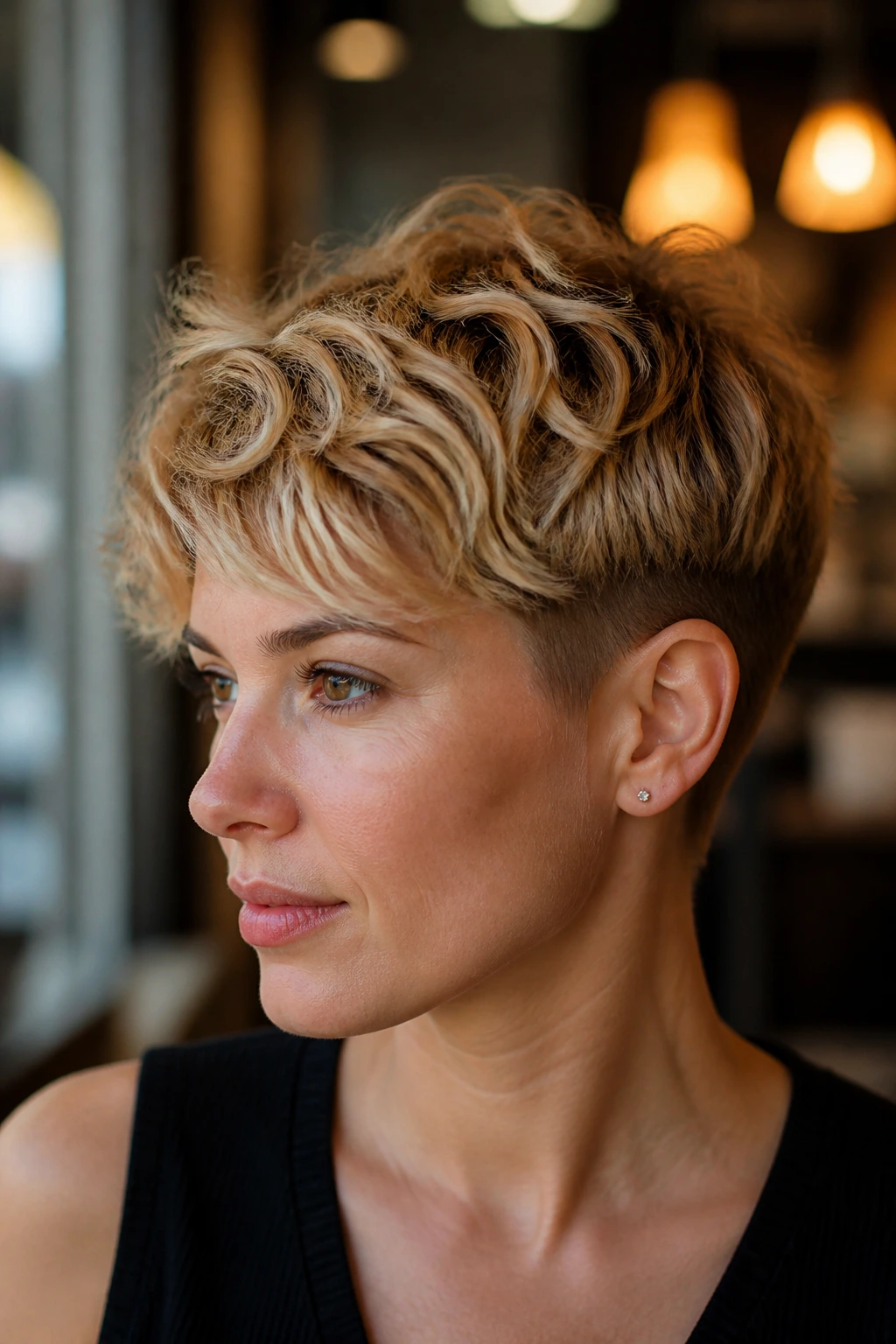 Close-up portrait of honey butter wave crop hair with warm cafe lighting.