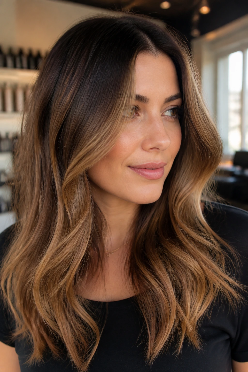 Close-up portrait of brunette hair with honey caramel balayage highlighting the face