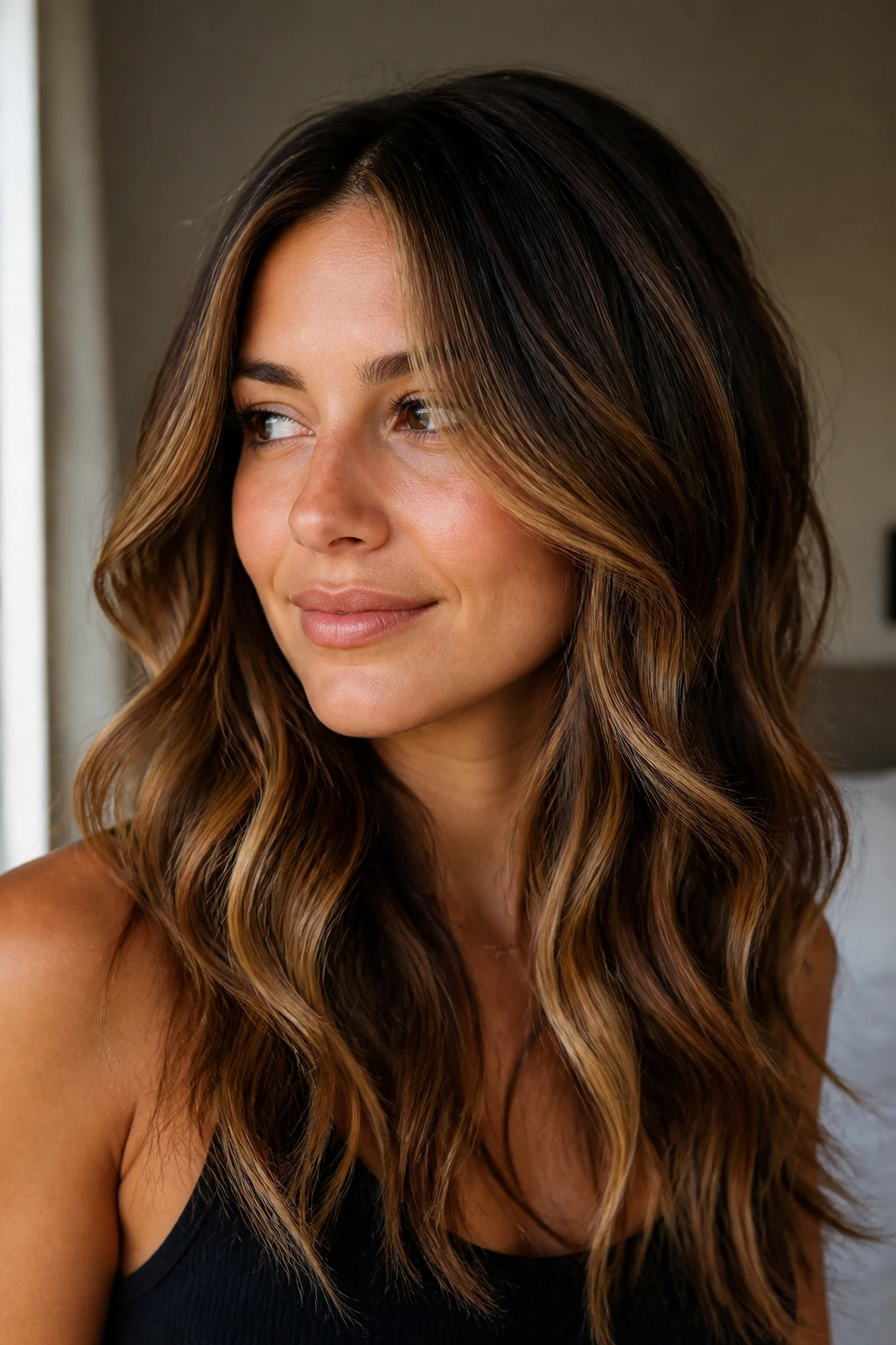 Close-up of a real woman with honey caramel balayage on medium brown hair under warm window light