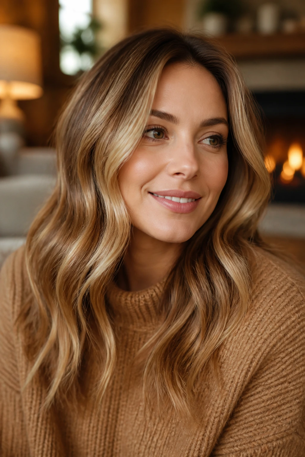 Portrait of a woman with honey caramel blonde hair in warm lighting