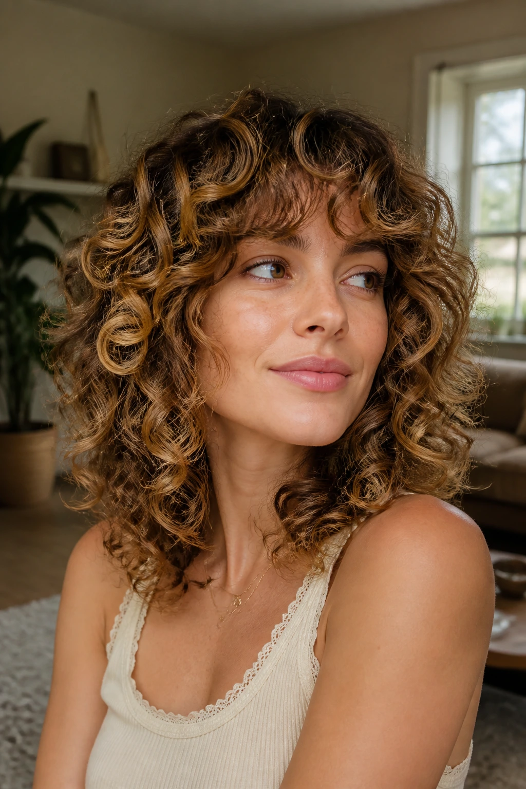 Close-up of honey-glazed curly shag with caramel highlights