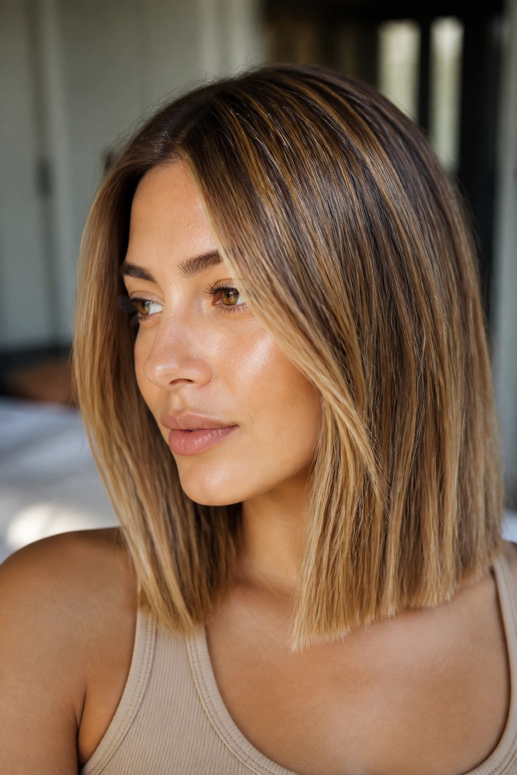 Close-up of honey caramel lob with blunt ends.