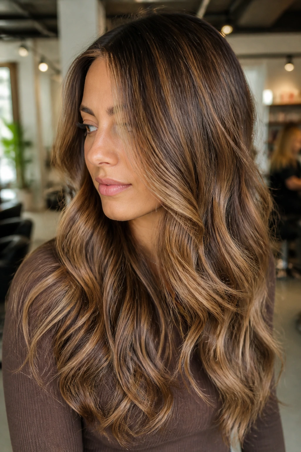Close-up of a woman with honey chestnut babylights and soft waves in natural light