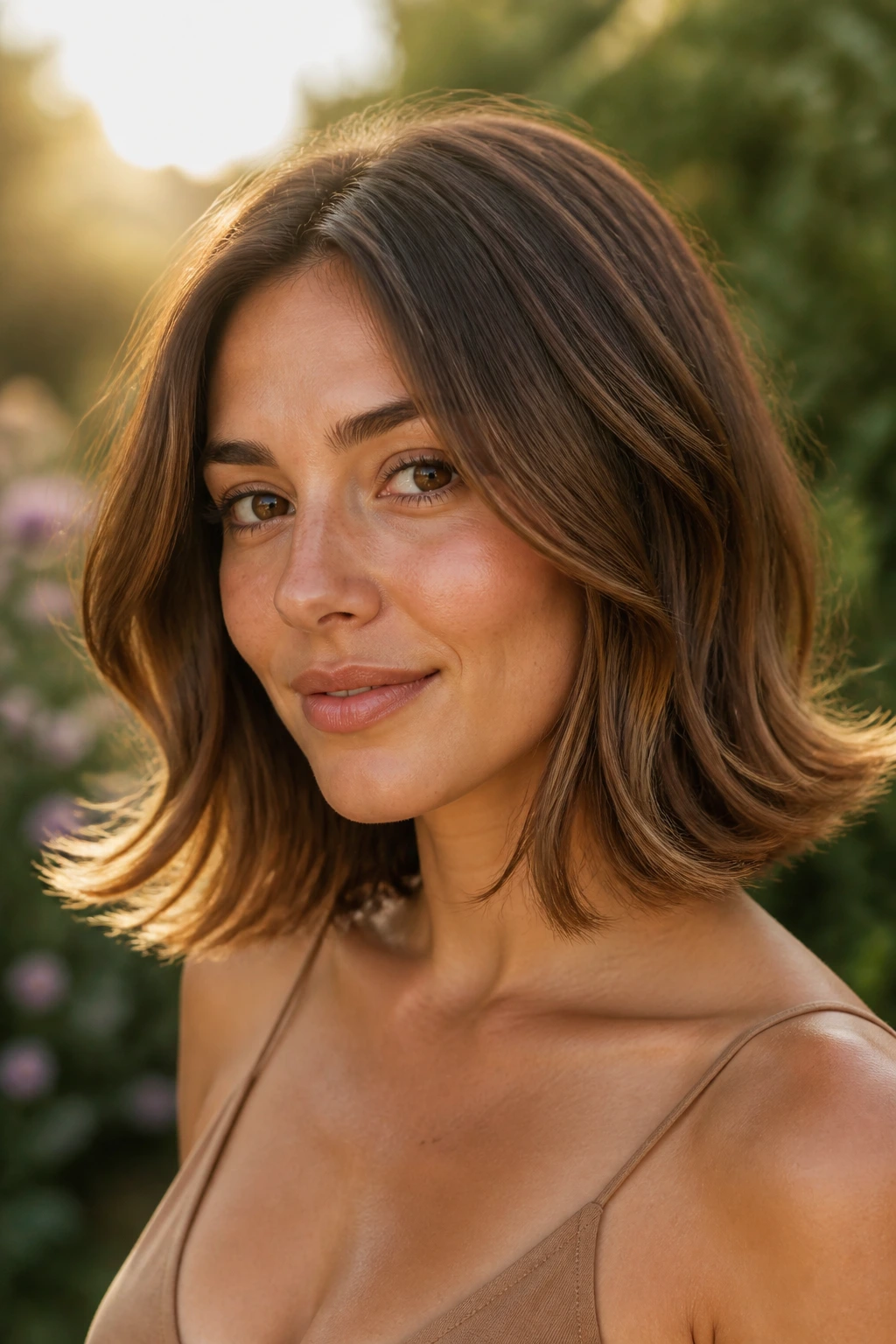 Close-up of a real woman with honey chestnut lob and flipped ends