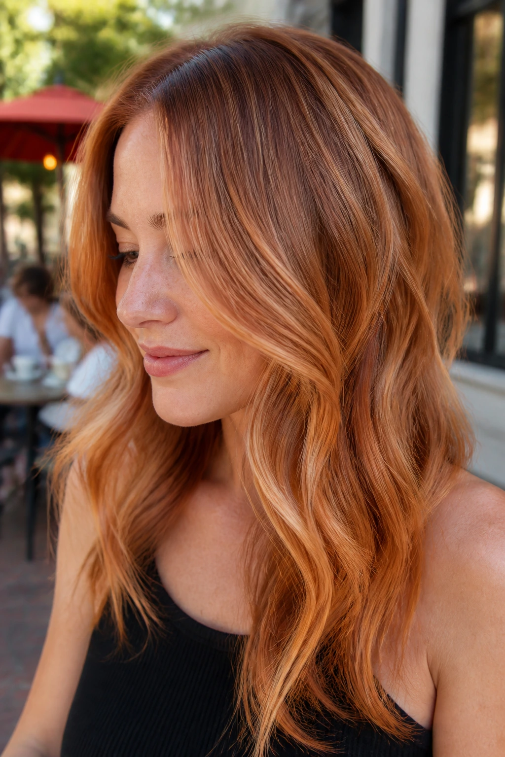 Close-up of Honey Copper Veil hair with muted roots and translucent copper ends