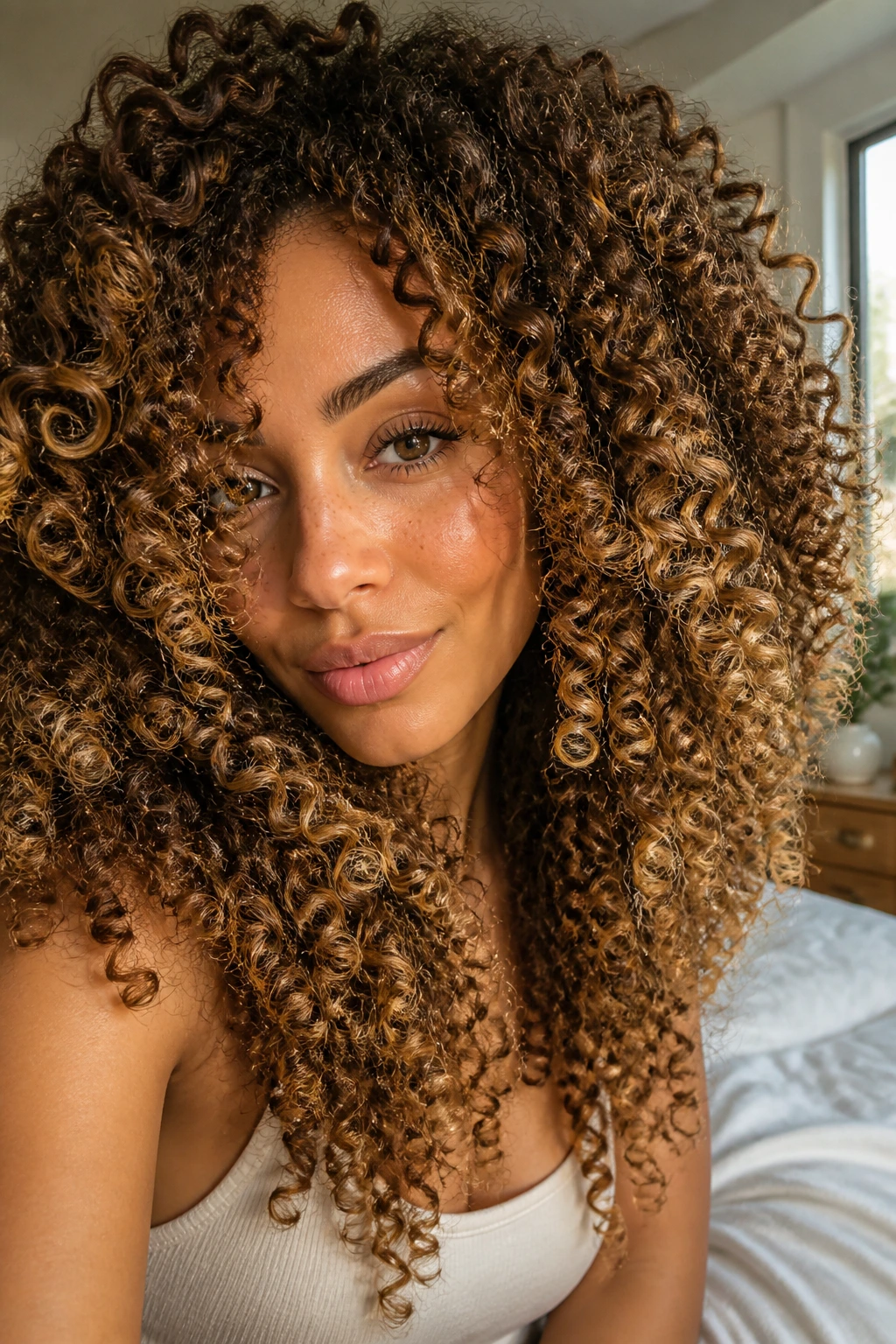 Close-up of a real woman with curly hair showing honey shades in soft natural light