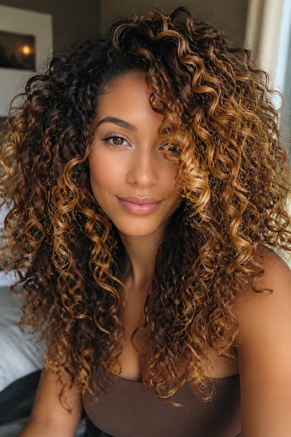 Close-up of curly hair with varied honey tones and ribbons in a warm bedroom setting