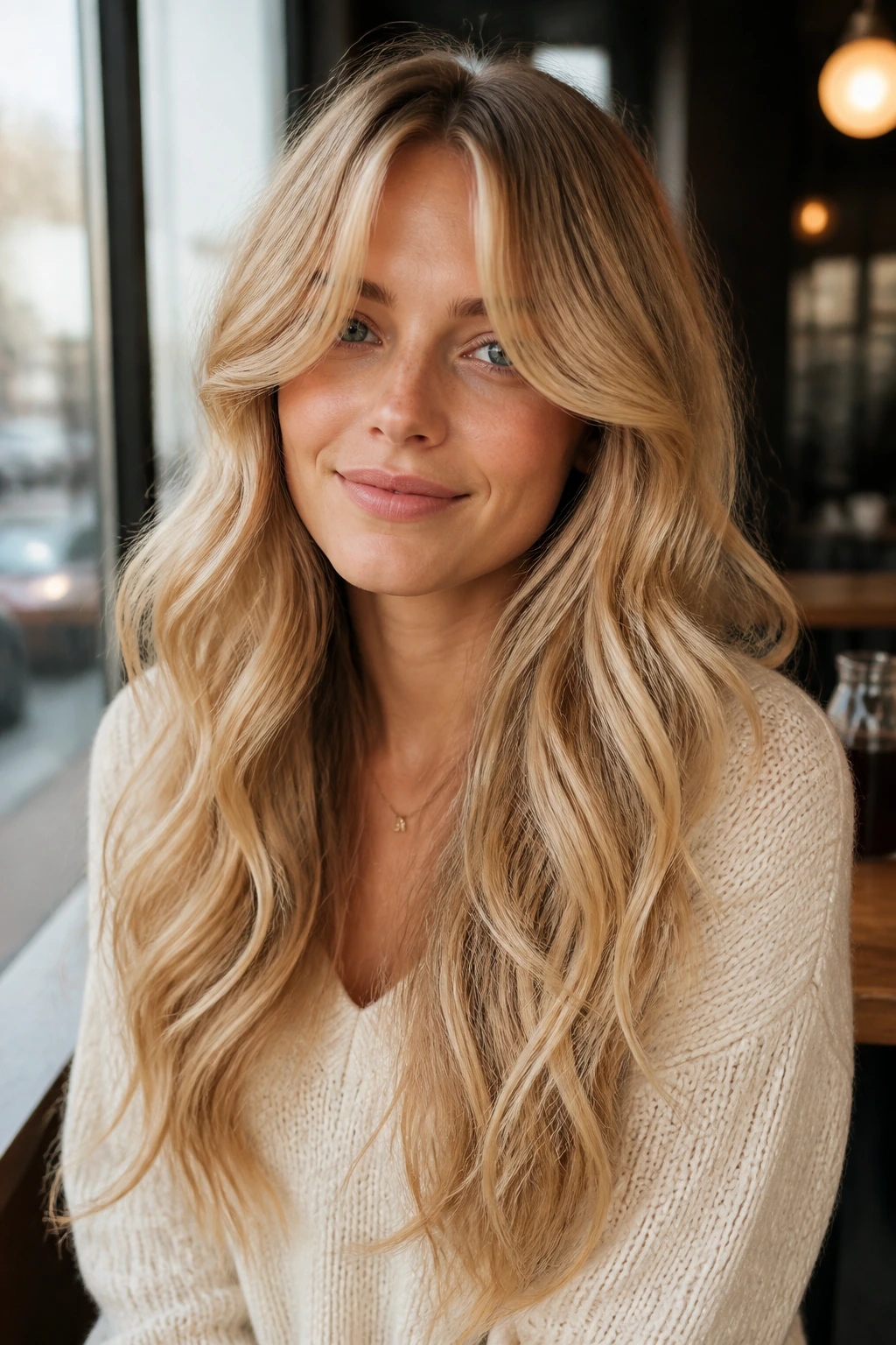 Close-up of a real woman's honey curtain bangs with long waves framing the face.