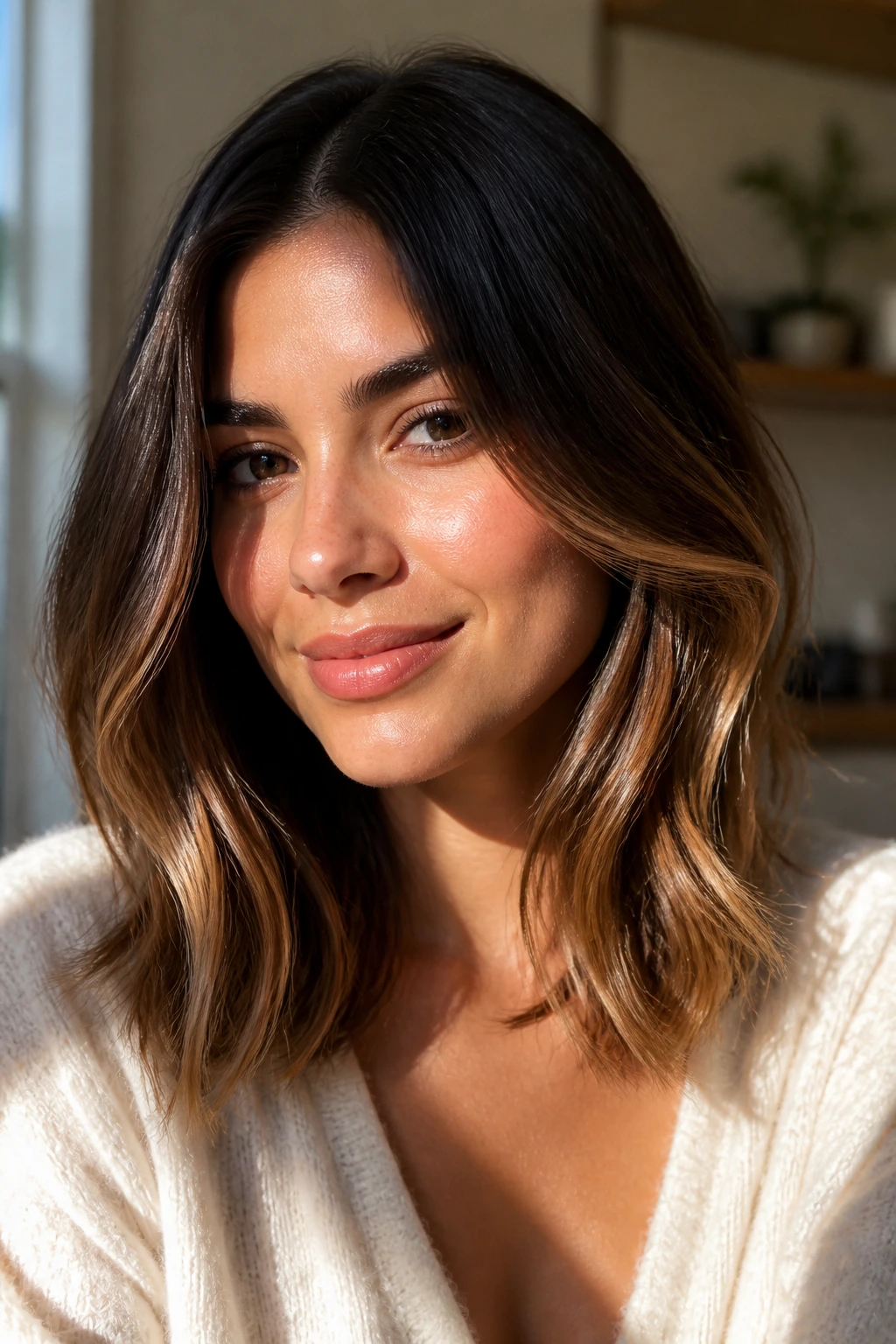 Close-up portrait with honey-dipped brunette shoulder-length hair