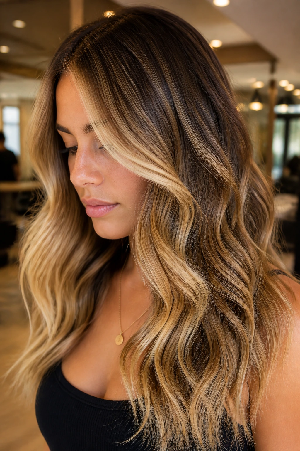 Real person with honey foilayage on wavy hair.