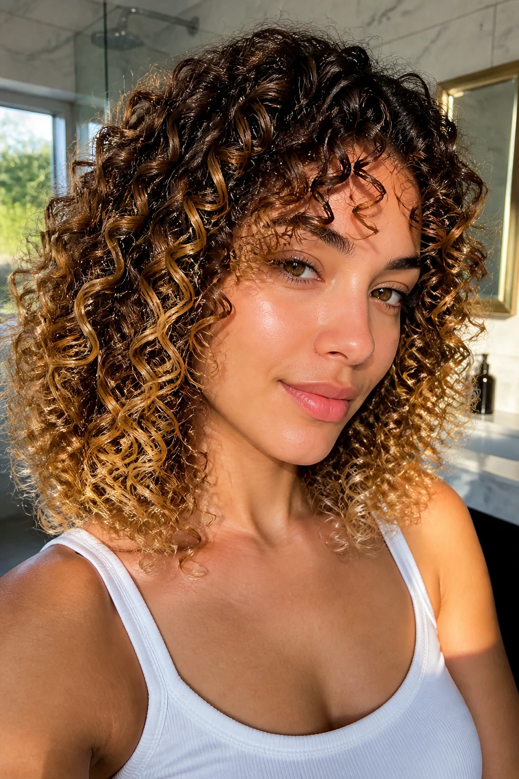 Close-up of curly hair with frosted honey ends