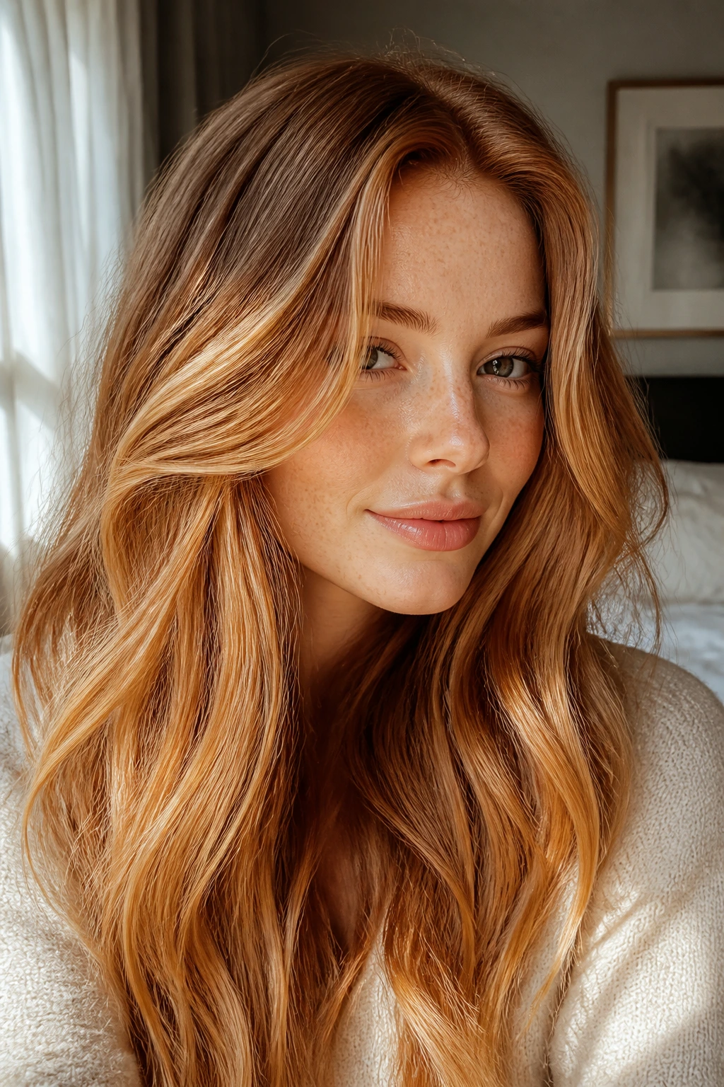 Close-up of a real person with honey ginger balayage highlighting on long hair.