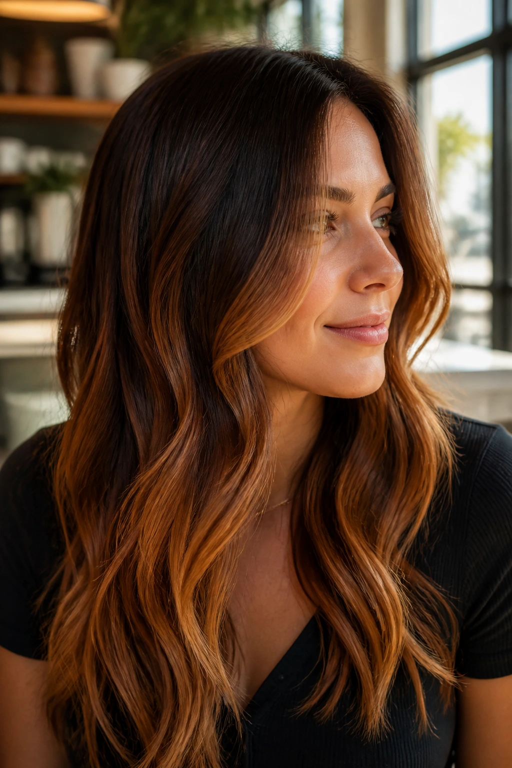 Close-up portrait of a real brunette with honey ginger balayage