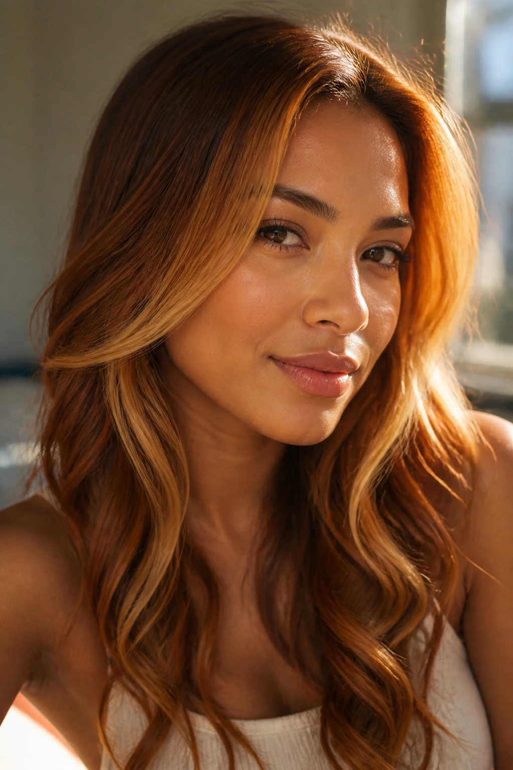 Warm-toned complexion with honey-ginger face-framing pieces
