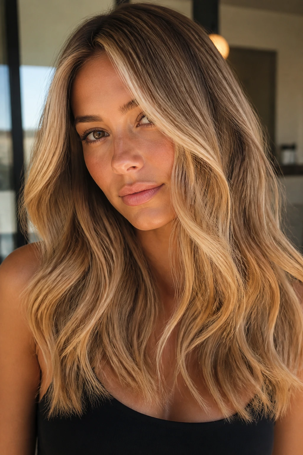 Close-up of a real person with Honey Glaze Blonde hair in natural light