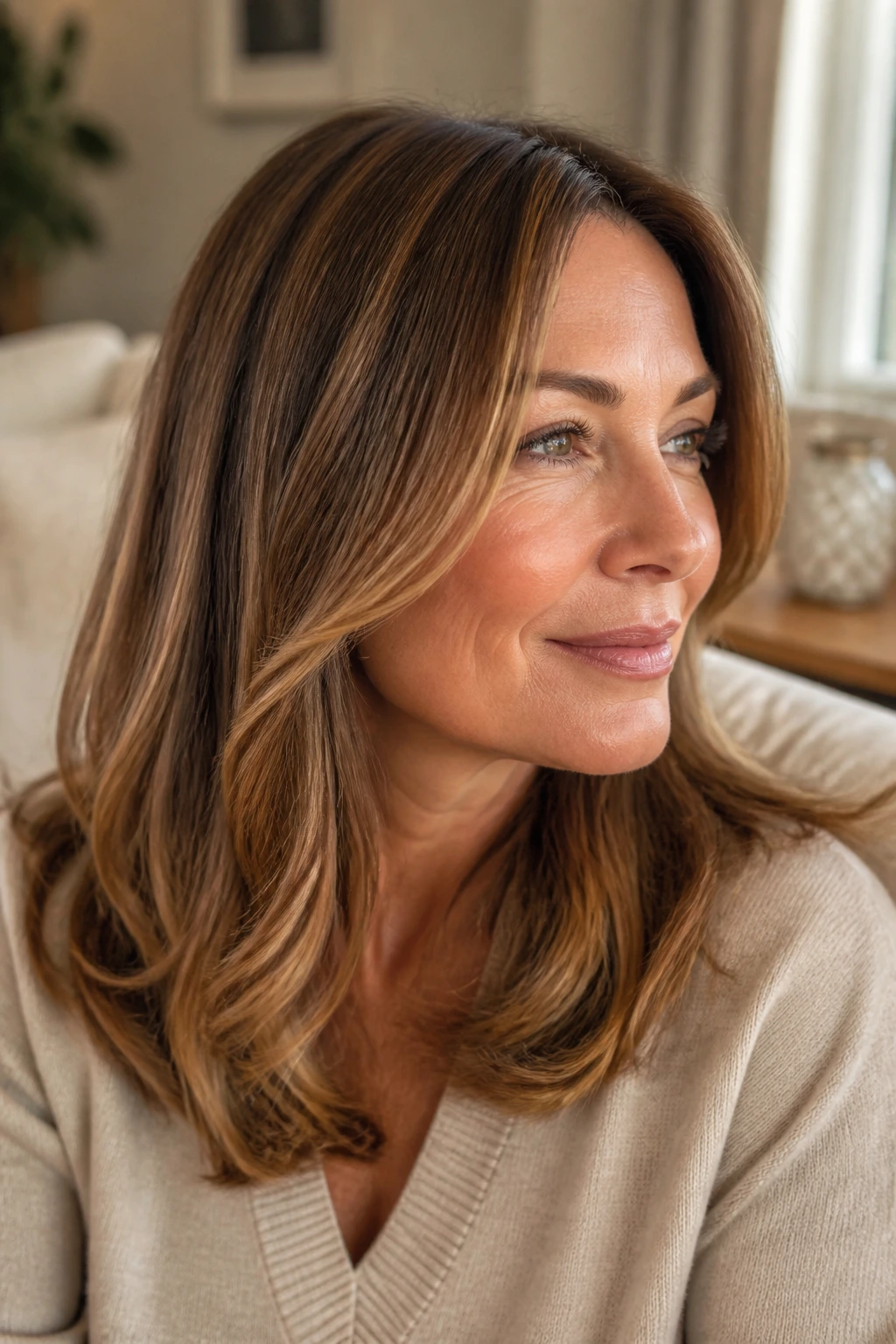 Close-up woman with honey glaze on warm brown hair
