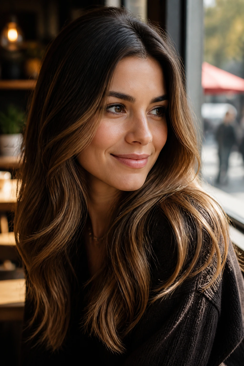 Close-up of a real woman's hair with honey glaze brunette balayage and warm golden highlights on mid-lengths