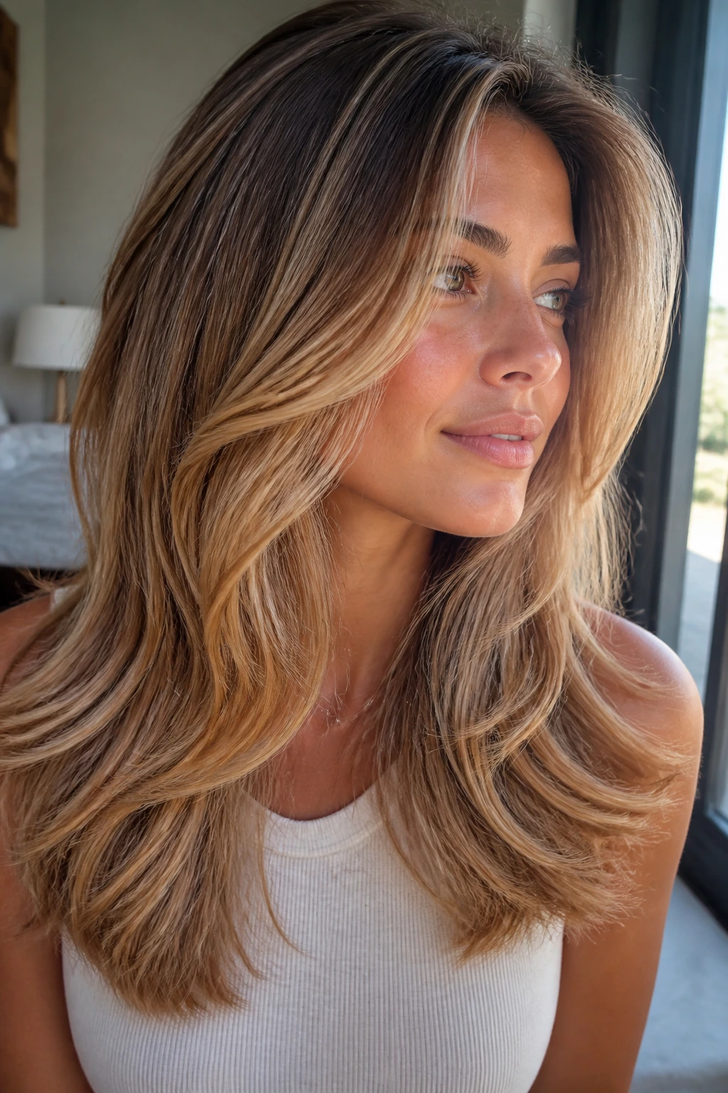 Close-up of a real person with honey-globe layered hair, golden ribbons and warm lighting
