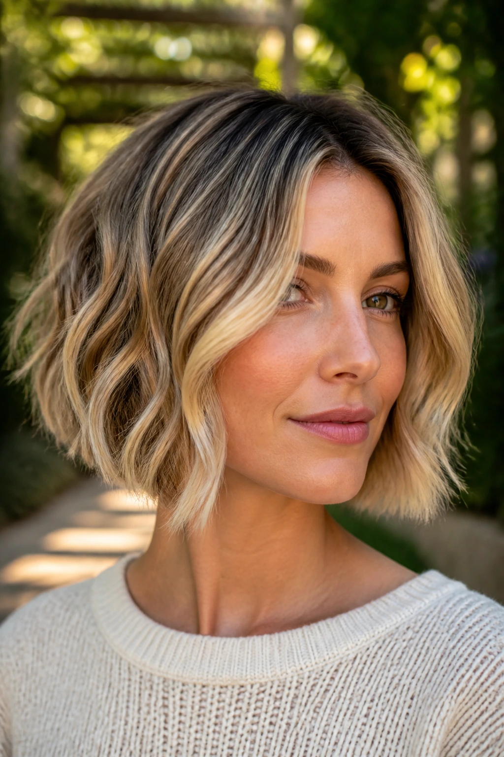 Close-up of a short wavy bob with honey halo highlights around the face in natural light