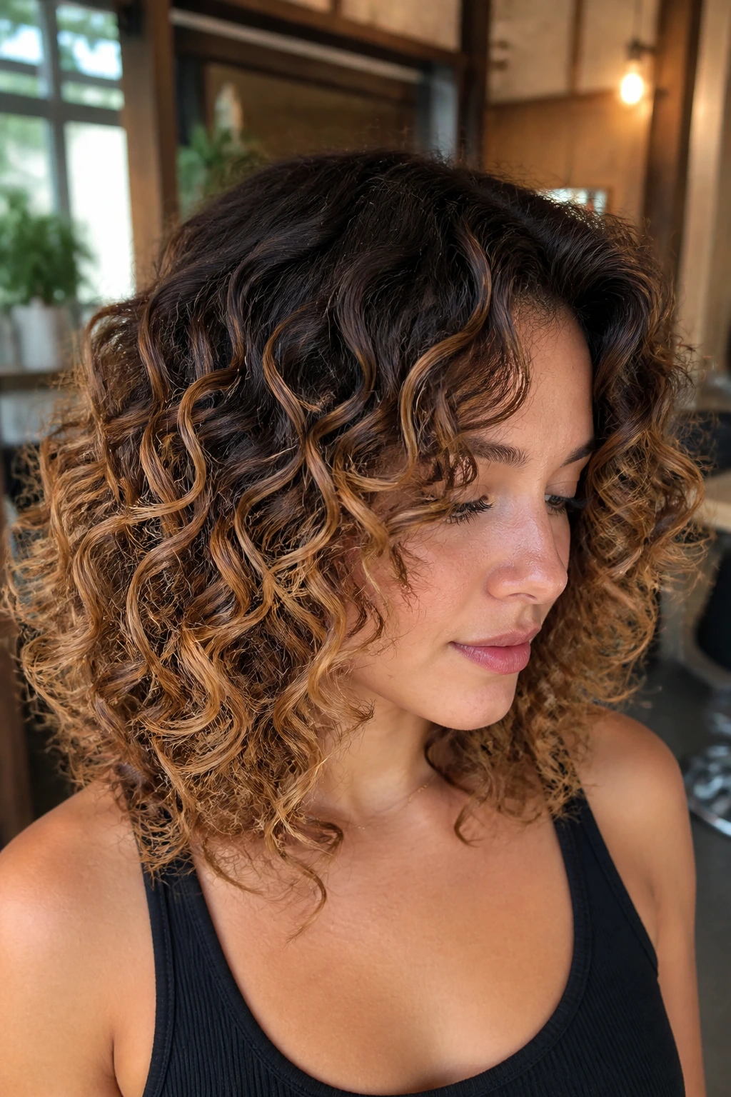 Close-up portrait of a real person with espresso roots transitioning to honey tones in curly hair