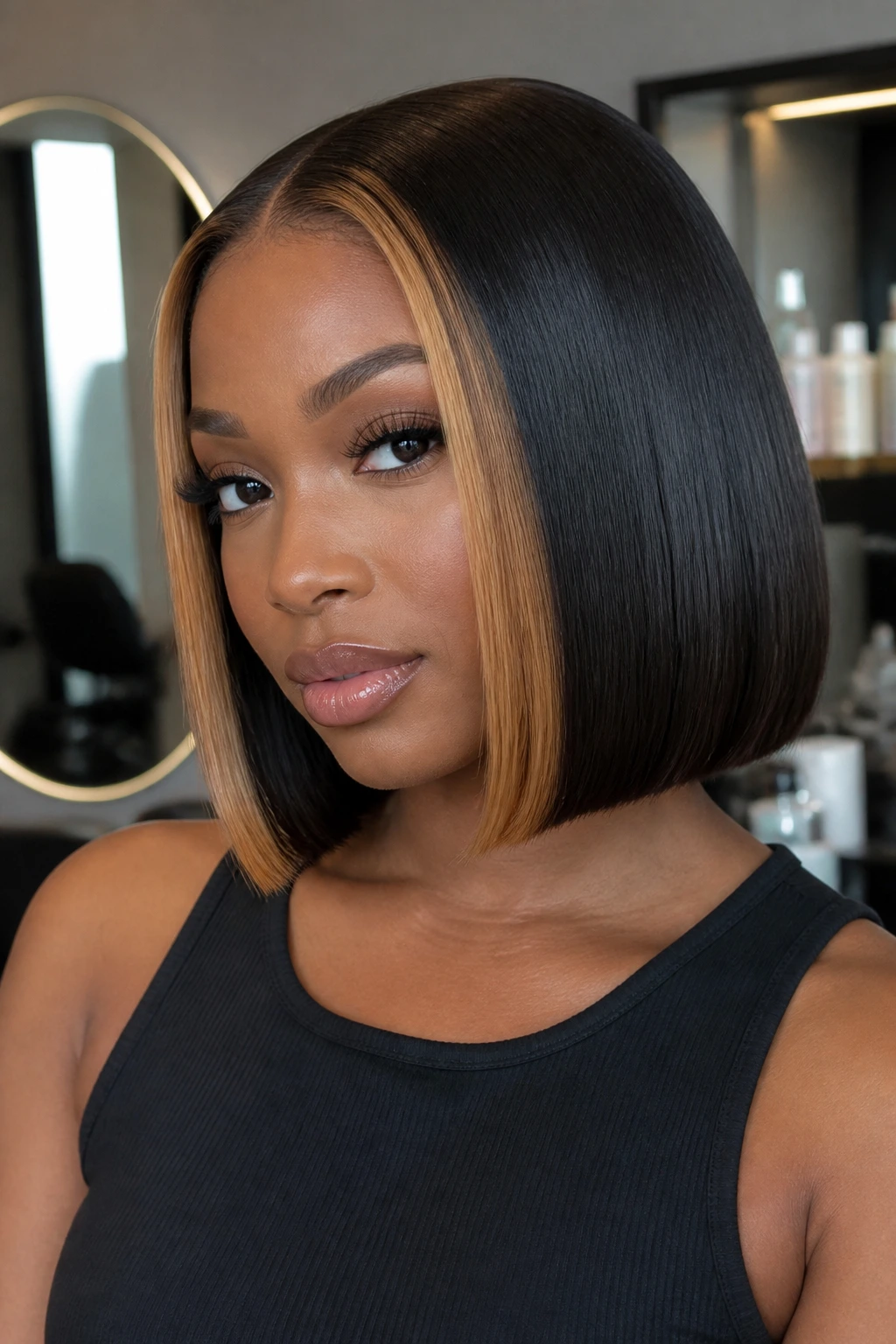 Close-up of a real Black woman with honey money-piece framing the face