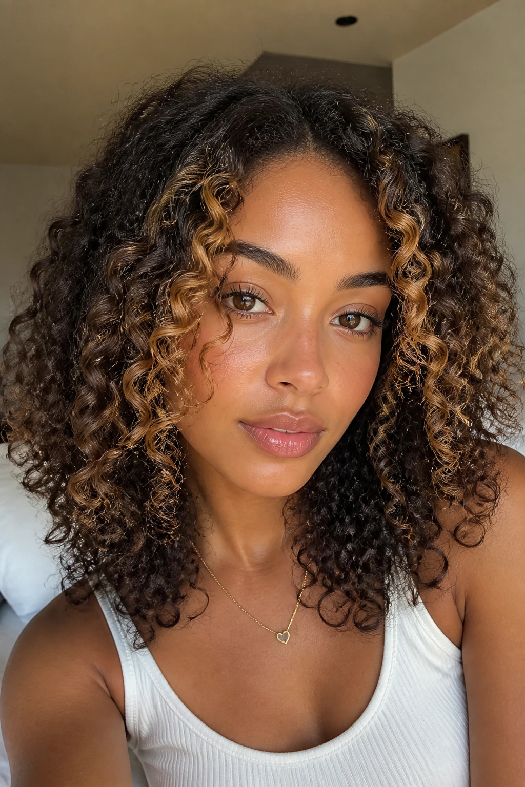 Close-up of face-framing honey money pieces on curly hair