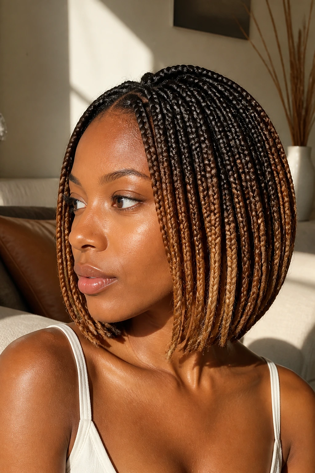 Honey ombre bob box braids on a real woman in sunlit room