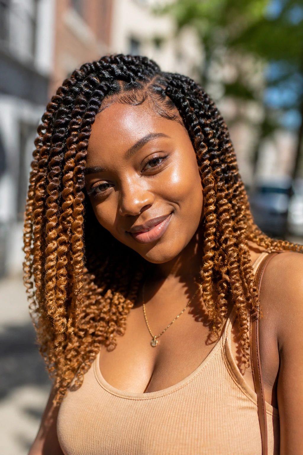 Close-up of real woman with honey-ombre spring twists