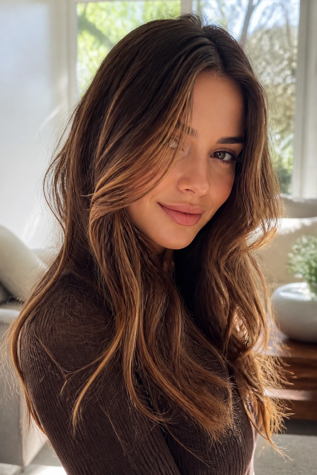 Close-up of a real woman with honey-painted highlights on chocolate brown hair around the face