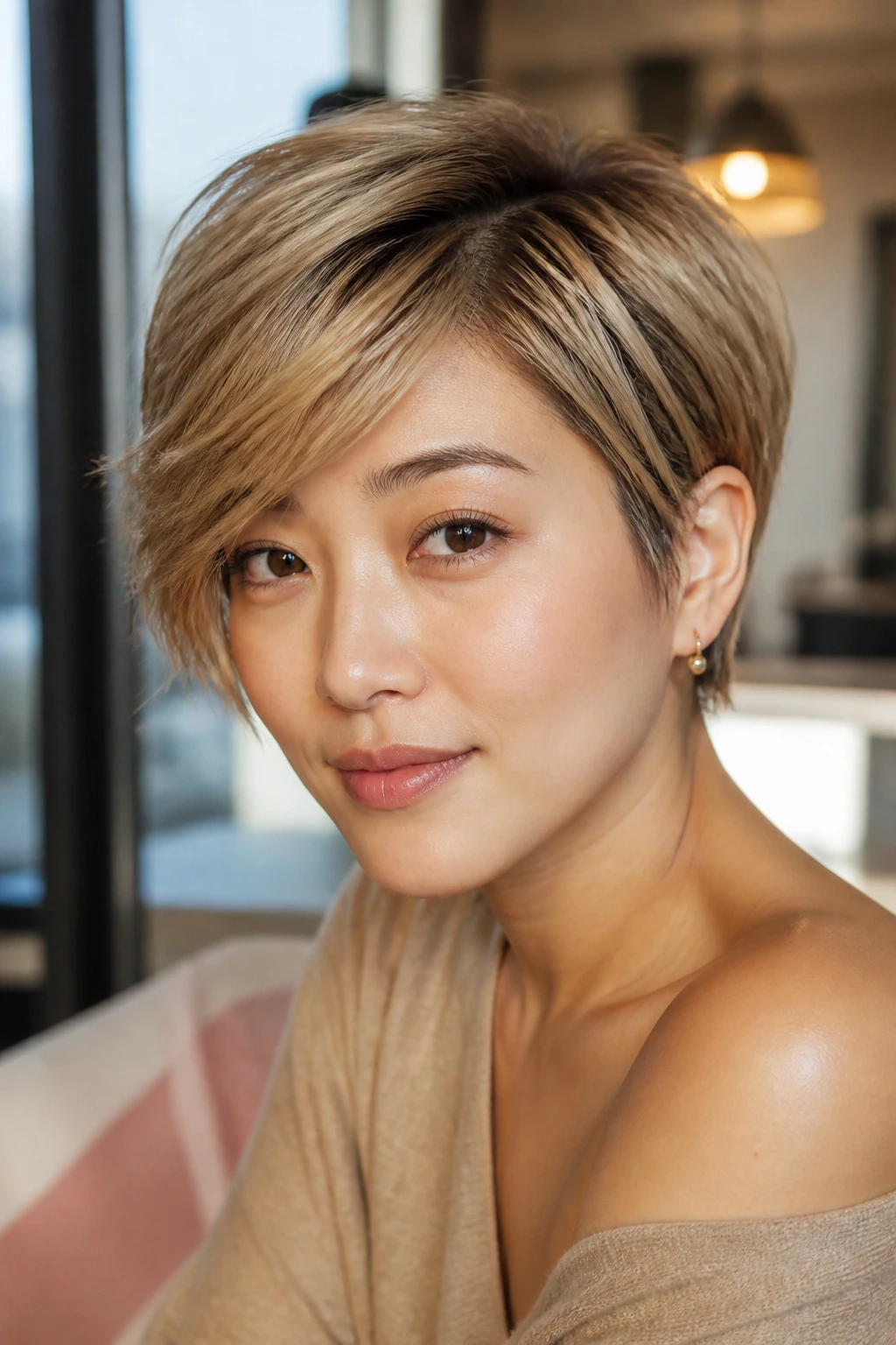 Portrait of Asian woman with warm honey pixie and side sweep in cozy indoor light