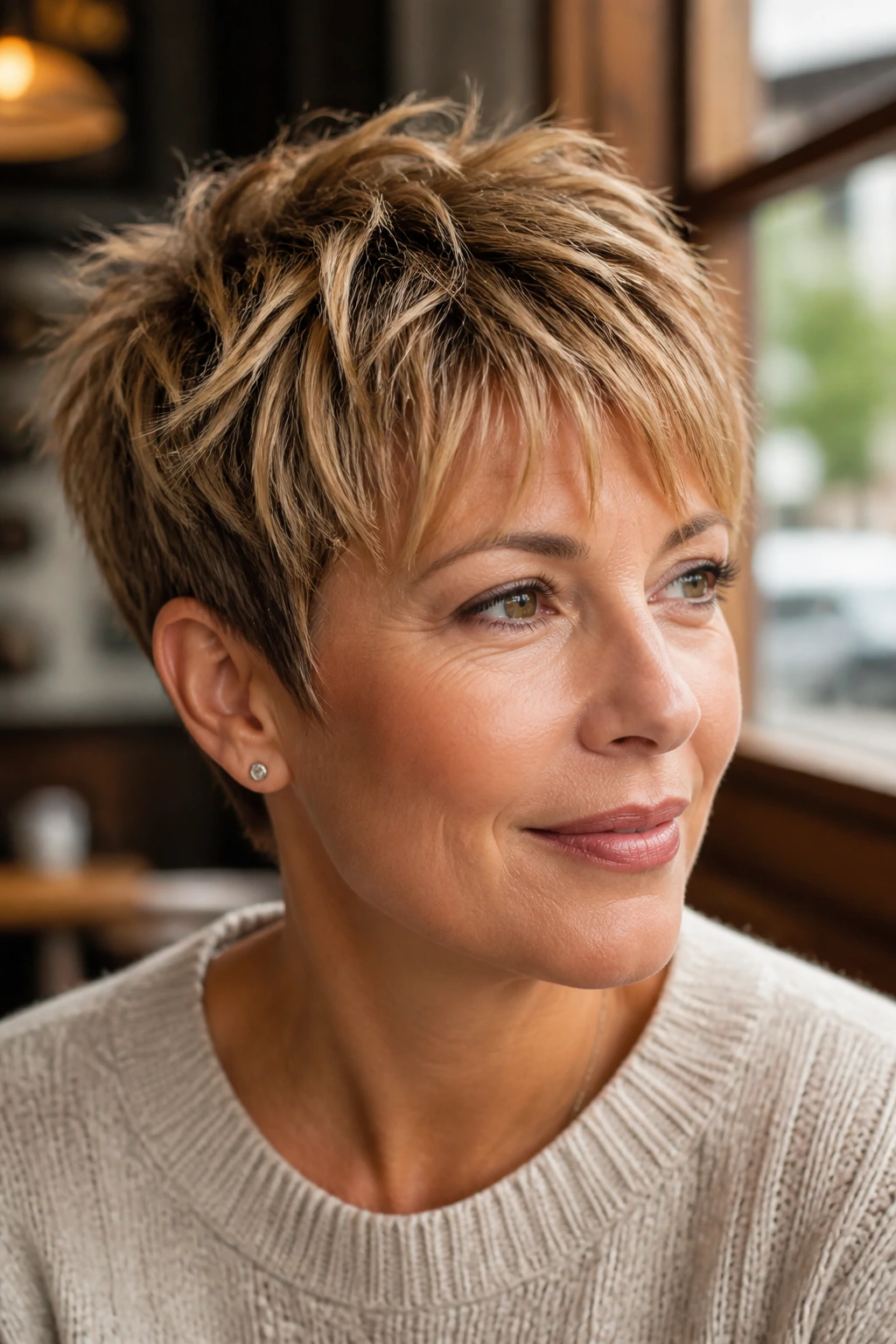 Portrait of a woman with honey blonde choppy pixie.