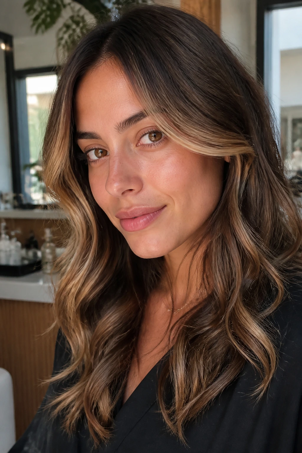 Real woman with honey ribbons balayage and soft waves in natural light
