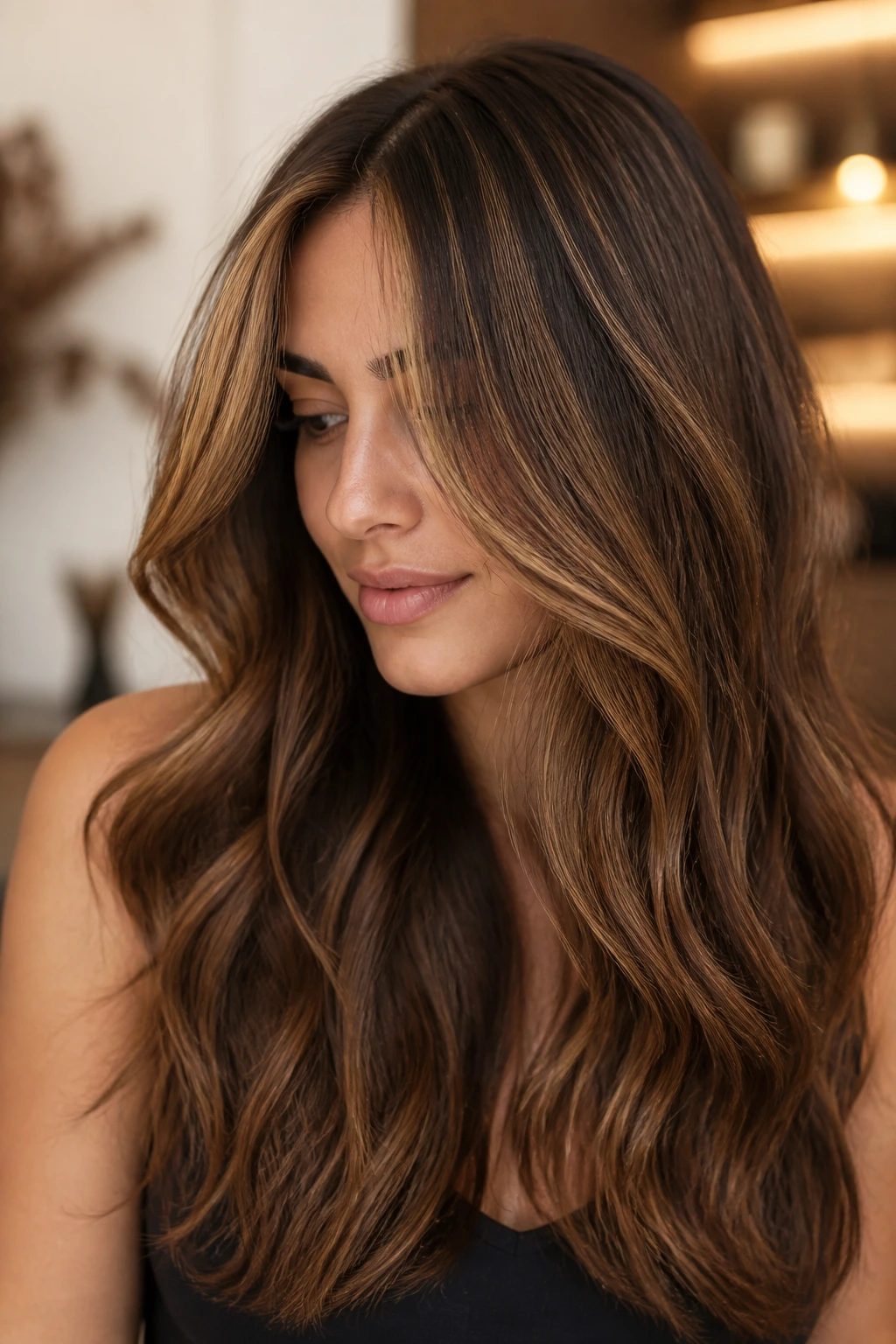 Mocha hair with honey ribbon babylights around the face.