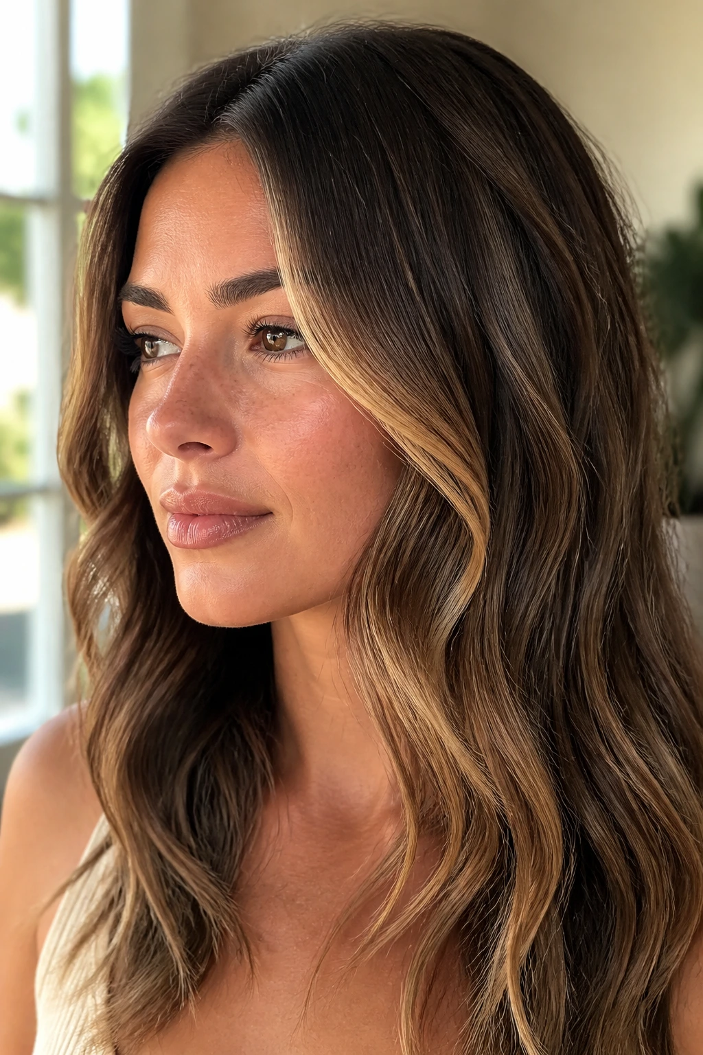 Woman with honey-gold face-framing ribbon on wavy hair near cheekbone