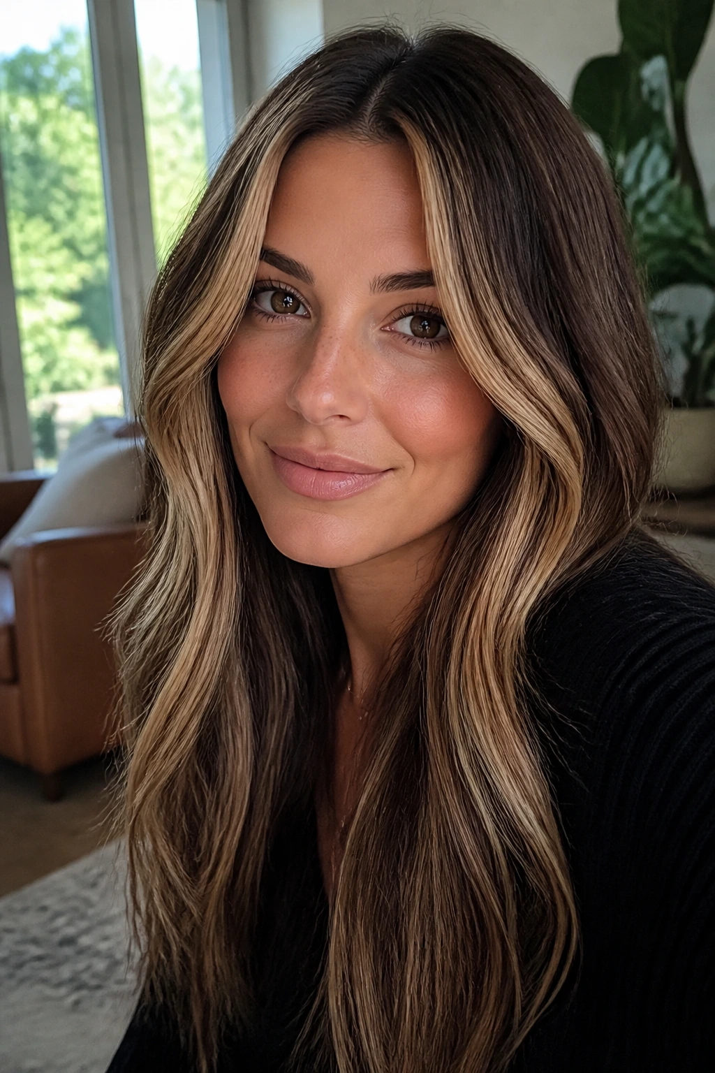 Portrait of brunette with honey face-framing ribbons