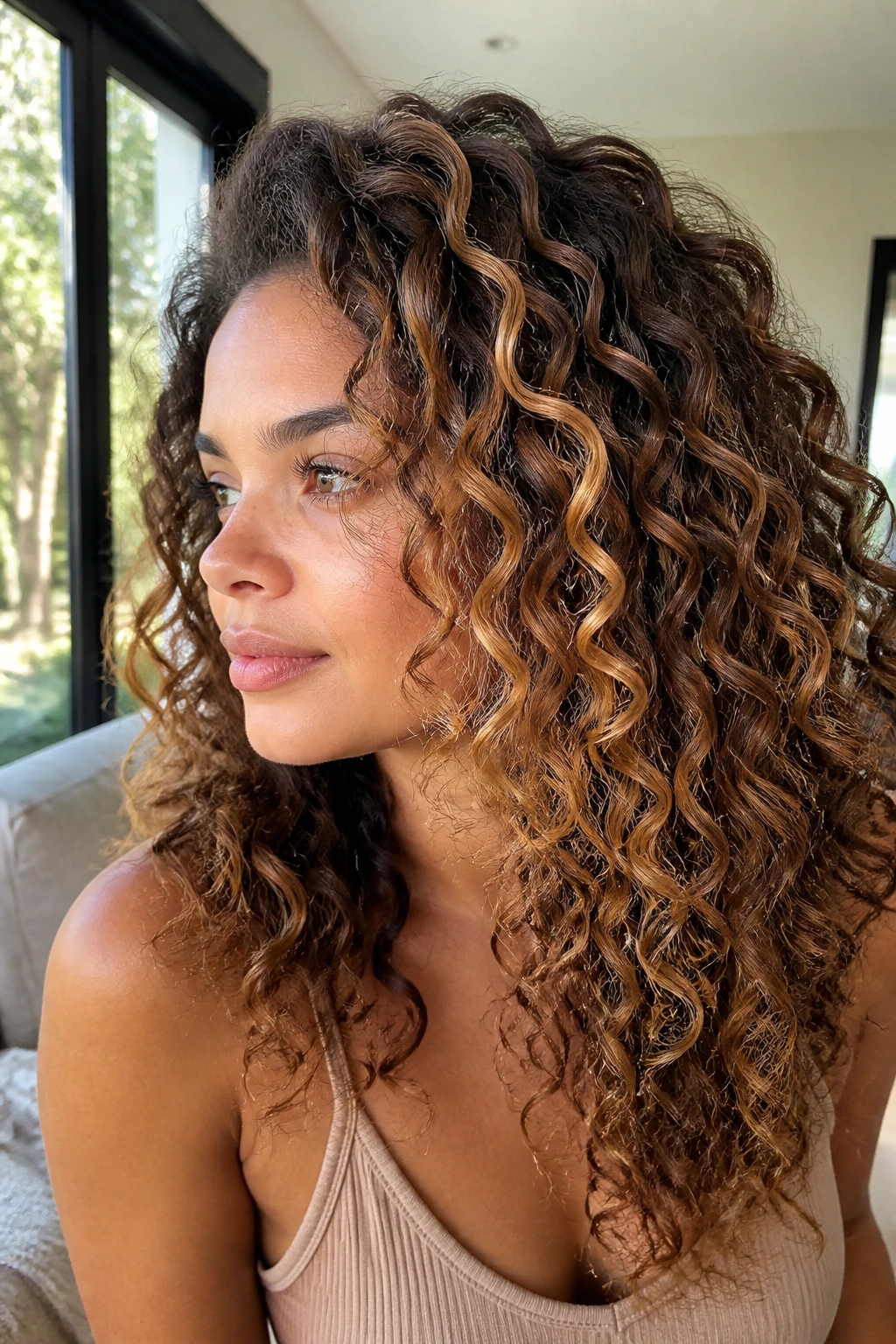 Close-up of curly hair with honey ribbon balayage around the face